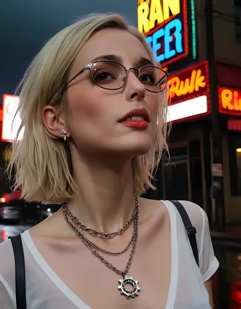 In a gritty, neo-noir setting of rain-soaked, dimly lit streets, a close-up image captures ER1K4R, a woman with short, platinum blonde hair, standing in profile. She wears a pair of distressed denim pants, adorned with intricate silver studs and chains, an...