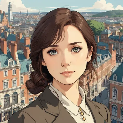 studio ghibli style illustration of the face of a woman looking at the viewer with a victorian city square in the background,  e...