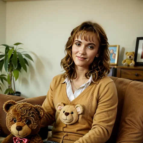 women wearing a light brown teddy bear theme sweater