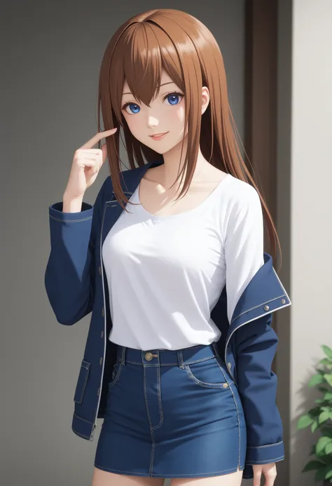 score_9, score_8_up, score_7_up, source_anime,
1girl, makise kurisu, steins;gate, brown hair, blue eyes, denim, solo, skirt, jacket, shirt, looking at viewer, white shirt, smile, long sleeves, open clothes, open jacket, cowboy shot, parted lips, collarbone...