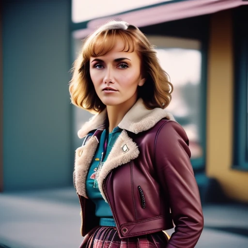 analog film photo , close shot photo of a woman wearing  an expensive  Faux leather moto jacket with a faux shearling collar and quilted sleeves  and  pink   teal plaid flannel shirt in warm autumn tones, mauve tiered ruffle skirt,  blonde hair,  bouffant,...