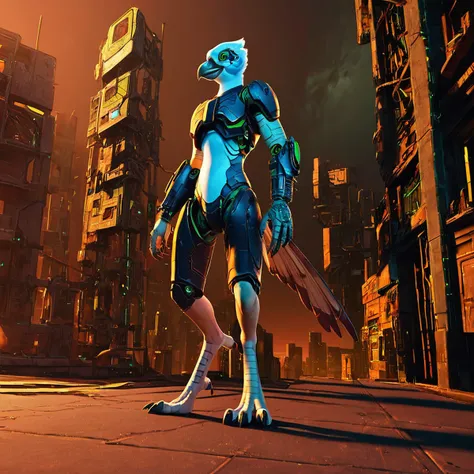 score_8_up. score_7_up, score_9, BREAK standing, <lora:DAGASI_Style_Pony:0.75>, dagasi_style, bird, beak, purple, talons, digitigrade, scenery, cyberpunk, outdoors, building, <lora:Borg_World_Morph_PONY:1>, borg, science fiction, machine