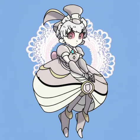 magearna, pink eyes, maid headdress, 1girl, solo, puffy sleeves, ornaments, plus shaped pupils, maid, dress, full body, grey dress, short hair