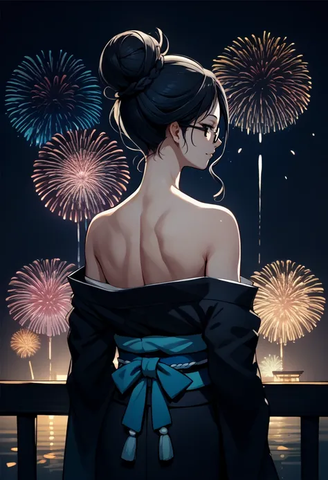 score_9, score_8_up, score_7_up, source_anime, from behind, solo, 1girl, yurialpha, light smile, looking back, single hair bun, black eyes, glasses, japanese clothes, black kimono, off shoulder, blue sash, bare shoulders, fireworks <lora:ol_yurialpha_ponyX...