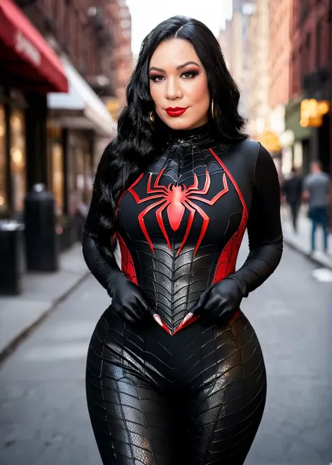 a captivating masterpiece of an woman, black hair, (((dressed in a black spiderman suit))), ((full body shot)), The intricate lace and gold details exude a very rebellious aura. ((The use of high-shine gloss adds a touch of glamour to the look)), ((while t...