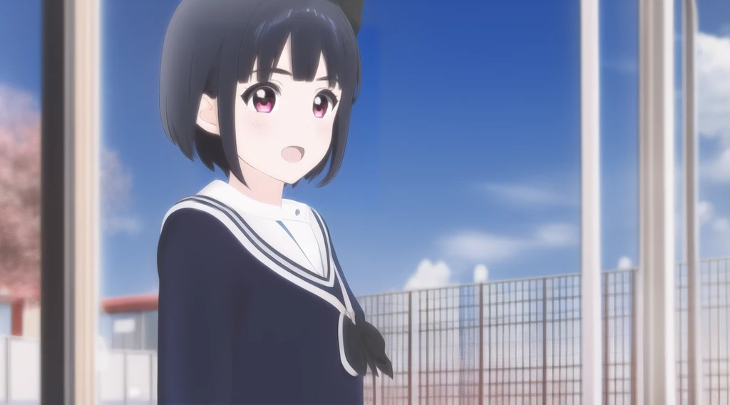 1girl,school uniform,black hair,solo,short hair,bow,open mouth,brown shirt,hair bow,red bow,red eyes,serafuku,sailor collar,white sailor collar,shirt,sky,kitauji high school uniform,looking at viewer,bangs,day,blue sky,blush,cloud,outdoors,<lora:kuqishaonv...