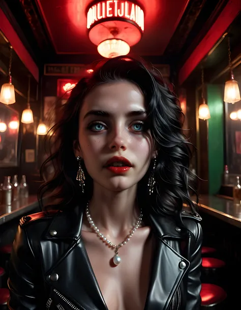 M4R150L, In a gritty, neo-noir setting, a woman with long, wavy jet-black hair cascading down her shoulders and framing her piercing emerald eyes, sits in a dimly lit, smoky speakeasy, her red lipstick-stained lips slightly parted to reveal a row of perfec...