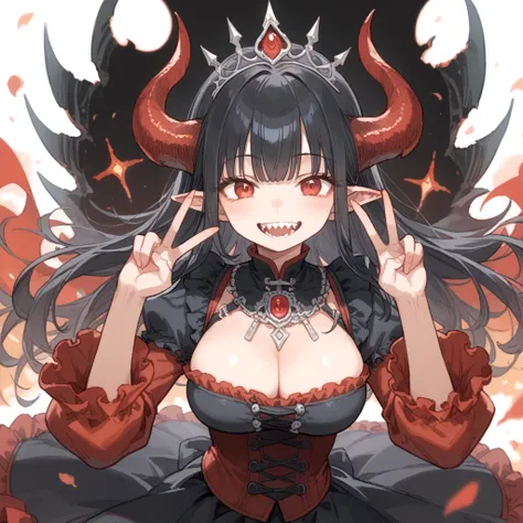 score_9, score_8_up, score_7_up , source_anime,
1girl,large breasts,fantasy devil king black tiara black and red long layered frilled dress long sleeves dark magic smile,double peace,jagged teeth,black hair,pointy ears,