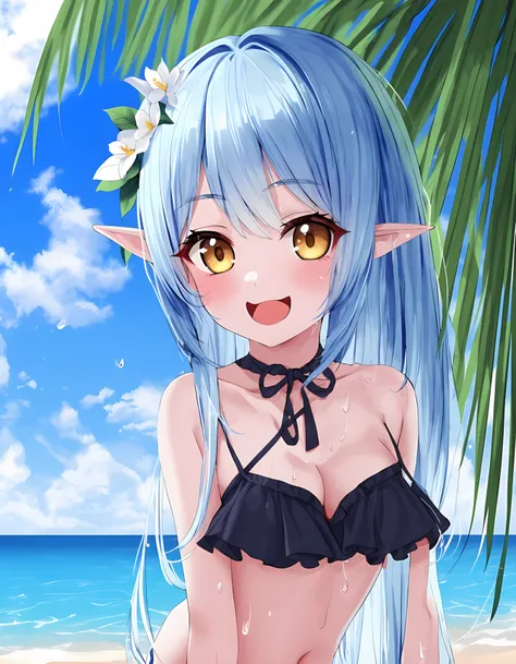 1girl, long hair, looking at viewer, blush, smile, open mouth, hair ornament, hair between eyes, cleavage, bare shoulders, blue hair, collarbone, upper body, yellow eyes, swimsuit, ahoge, flower, multicolored hair, :d, outdoors, bikini, frills, sky, pointy...