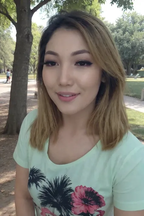 Portrait photo of cut34m1n4 woman, light green tshirt, in a park