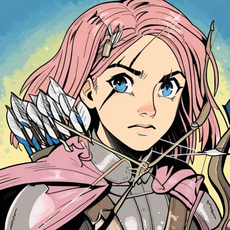 Imoen, Scar over right eye, blue eyes, leather armor, cape, pink hair, hair ornaments, Imoen, Scar over right eye, blue eyes, leather armor, cape, pink hair, hair ornaments, archery, bow and arrow