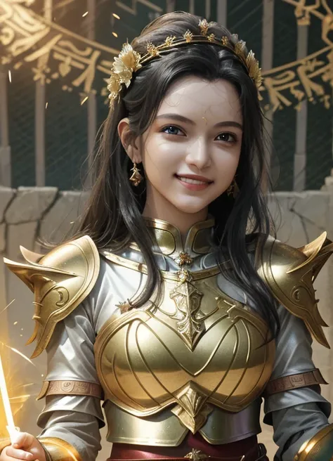 women,beautiful face, smiling ,2piece armour  divine goddess,battlefield,lighting magic,cinematic .masterpiece high res ,detailed, 3k ,anime