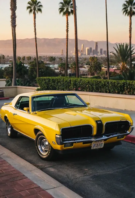 ClassicMuscleCar, gleaming yellow Mercury Cougar, front side view, Los Angeles cityscape background, palm trees, late afternoon sunset, warm colors, 4K, highly detailed, (stylish grainy analog 35mm film photo)