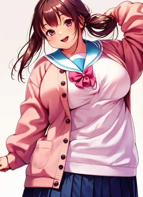 1girl, fat, chubby, chubby arms, standing, smile, happy, happy, having fun, (solo:1.2), plump, chubby, eyelash, low twintails, white ribbon, chubby, plump, large breasts, medium breasts, round face, brown hair, multicolored eyes, brown eyes, YamaRiri, puff...