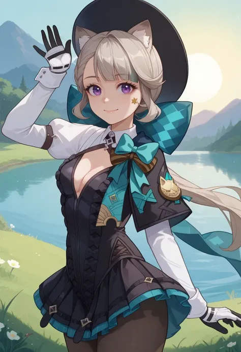 score_9, score_8_up, score_7_up, source_anime, 1girl, lynettedef, purple eyes, grey hair, long hair, braid, small breasts, animal ears, animal ear fluff, cat girl, star (symbol), cat tail, hair bow, aqua bow, long sleeves, puffy sleeves, frills, black leot...