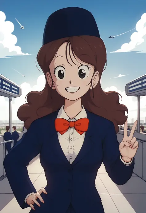 score_9, score_8_up, score_7_up, score_6_up, <lora:DBExtraGirl03FFA:0.9>, DBExtraGirl03FFA, brown hair, long hair, black eyes, breasts,
attendant hat, blue jacket, white collared shirt, red bowtie, skirt, suit,
hand on own hip, looking at viewer, pov, faci...