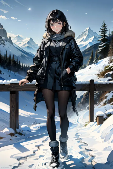 ((ultra detailed, masterpiece, absurdres))
<lora:UDEmily:0.8>
UDEmily, 1girl, black hair, looking at viewer, Glistening Snow-Covered Mountains at Twilight, full body