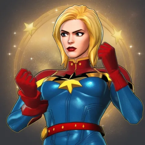 red gloves, blue bodysuit, short blonde hair, long blonde hair, red boots, red belt, golden star symbol on chest, red lipstick,