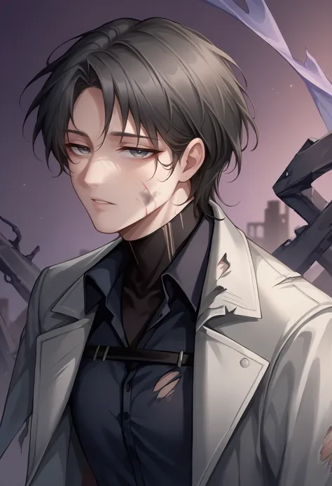 score_9,score_7_up, source_anime, <lora:shp13m-ponyxl-beta2-11:1>SHP13M, short hair, black hair, grey eyes, 1boy, mature male, pale skin, blood on face, dirty, upper body, torn clothes, compression shirt, grey coat, collared shirt, black shirt, chest harne...