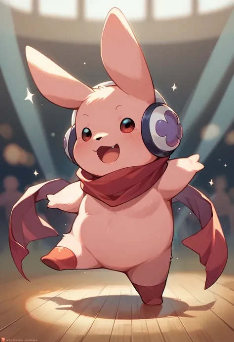 pokemon pikachu with headphones and scarf dancing on a stage