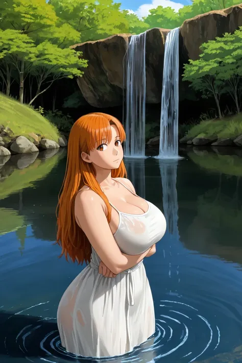 busty breasts, blonde hair, bangs, long hair, ghibli, solo, 1girl, long hair, ginger hair, curvy, water