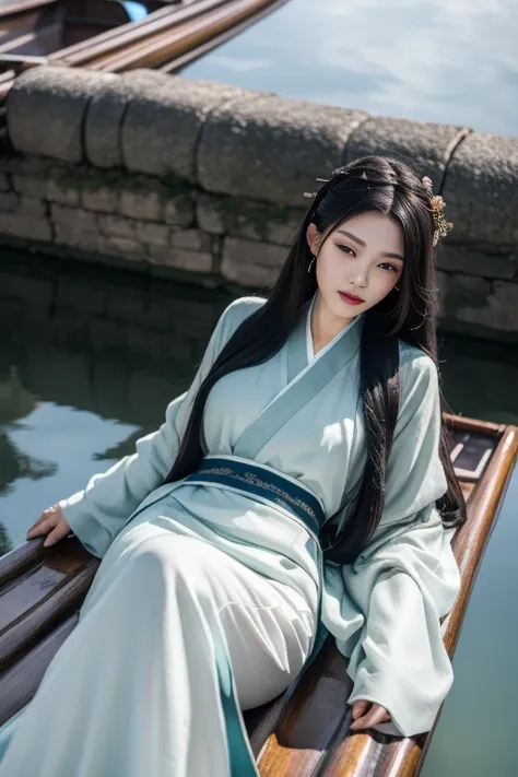 ltra-detailed,highly detailed,best quality,masterpiece,illustration, drawing, realistic, photorealistic,
yuzhouchangwan, hanfu, watercraft, 
1girl, solo, 
chinese clothes, 
long hair, black hair, hair ornament, 
looking at viewer, lying, from above, 
outdo...