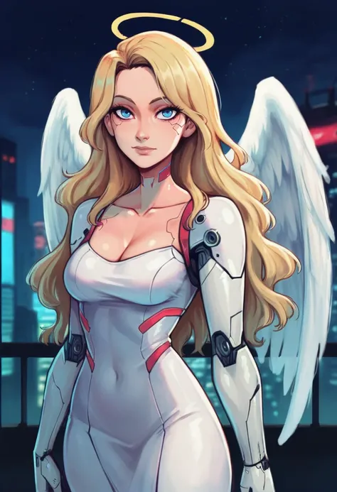 score_9, score_8_up, score_7_up, 1girl, blonde hair, blue eyes, long hair, wavy hair, halo, angel wings, mechanical arms, white dress, city, night, cyberpunk, eyeliner, long eyelashes, looking at viewer, collarbone, 
 <lora:raichiyo33:0.75>