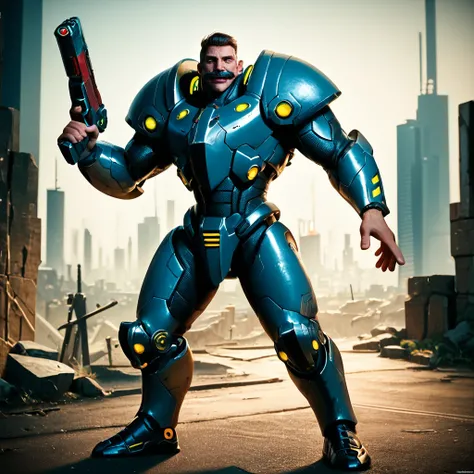 score_9, score_8_up, score_7_up, score_6_up, score_5_up, score_4_up, rating_safe,zPDXL2,source_photo,detailed, zPDXLrl,1boy,solo,full body,power armor,mustache,cyberpunk,outdoors,cityscape,holding gun