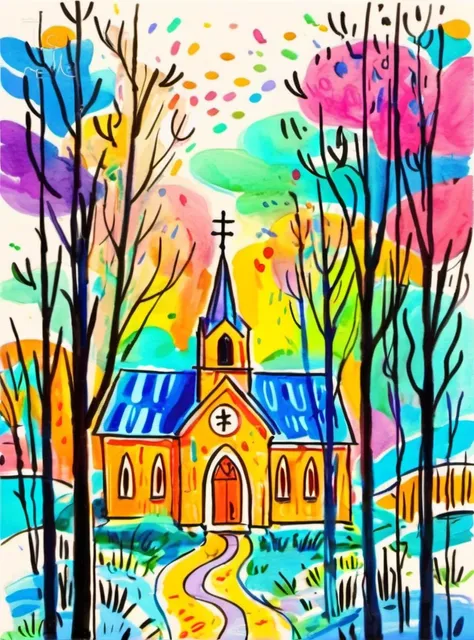 <lora:æ½è±¡-000016:0.8>,cartoon,illustrated,colorful,whimsical,forest,lights,vibrant colors,art,city,church,