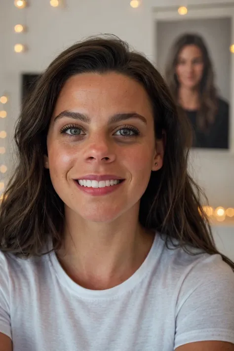 Portrait photo of cl4r4alv4r4d0, (light bokeh), white tshirt, detailed face, in a bedroom, smile