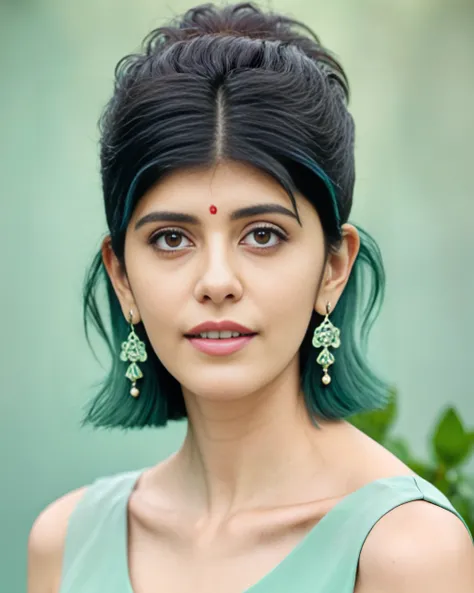 upper body photo of Sanjana Sanghi woman, solo, pixie hair cut, , looking at the camera, ethnic Mint Green , , contrasting background bokeh,  skindentation,    <lora:Sanjana_Sanghi_SDXL_LoRA_prodigy_local_xformers_HNE-000015:1>