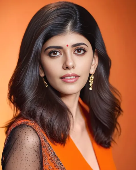 portrait photo of Sanjana Sanghi woman, solo,  hair cut, sultry, looking at the camera, ethnic Orange , night time, contrasting background bokeh,  skindentation,    <lora:Sanjana_Sanghi_SDXL_LoRA_prodigy_local_xformers_HNE-000015:1>