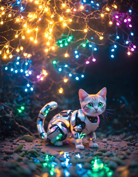 (best quality,8K,highres,masterpiece), ultra-detailed, (tiny robot kitten with oversized glowing eyes), a adorable tiny robot kitten with sleek metallic fur and oversized glowing eyes that radiate with vibrant light. Its body is adorned with soft, vibrant ...