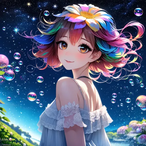 solo,flower,(illustration),1girl,mixed-blood,stars in the eyes,messy floating hair,colored inner hair,Starry sky adorns hair,(colorful Bubble),(pearl),(Galaxy),depth of field,upper body,lace-trimmed dress,