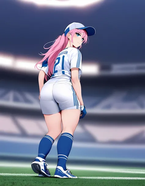 1girl, long hair, looking at viewer, smile, blue eyes, shirt, gloves, hat, closed mouth, standing, pink hair, ponytail, ass, short sleeves, sidelocks, thighs, outdoors, sky, shorts, socks, day, midriff, looking back, from behind, blurry, crop top, hand on ...