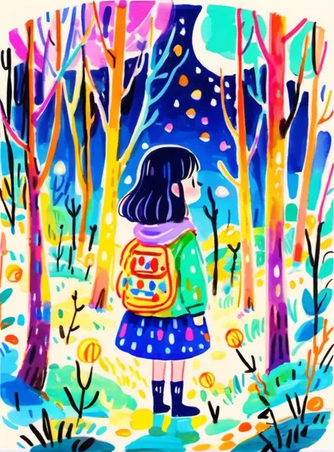 <lora:æ½è±¡-000016:0.8>,cartoon,illustrated,colorful,whimsical,forest,night,lights,vibrant colors,seasonal,art,decoration,1girl,ojousama,