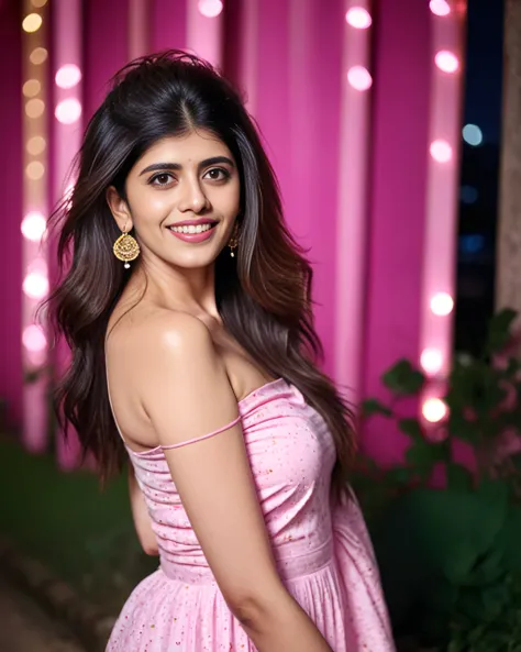 full body photo of Sanjana Sanghi woman, solo, messy hair cut, smile, looking at the camera, ethnic Pink , night time, contrasting background bokeh, skindentation, <lora:Sanjana_Sanghi_SDXL_LoRA_prodigy_local_xformers_HNE-000015:1>