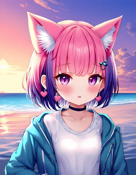 1girl, looking at viewer, blush, short hair, shirt, long sleeves, hair ornament, animal ears, cleavage, jewelry, jacket, purple eyes, collarbone, white shirt, upper body, pink hair, purple hair, multicolored hair, heart, outdoors, earrings, parted lips, op...