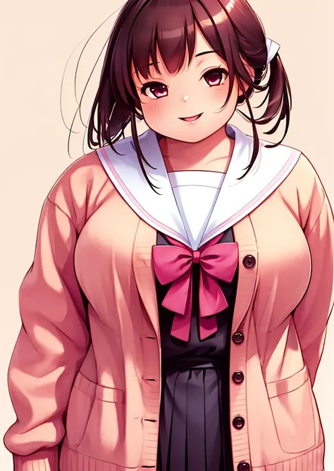 1girl, fat, chubby, chubby arms, standing, smile, happy, happy, having fun, (solo:1.2), plump, chubby, eyelash, low twintails, white ribbon, chubby, plump, large breasts, medium breasts, round face, brown hair, multicolored eyes, brown eyes, YamaRiri, puff...