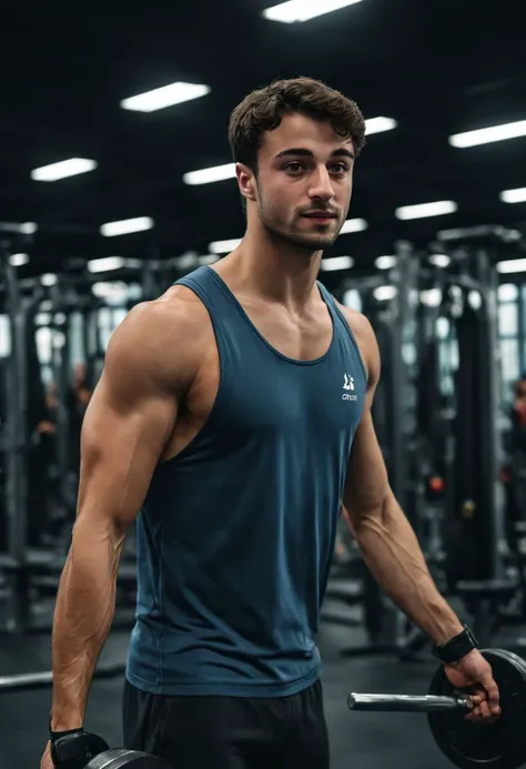 jules bouyer a man <lora:Jules-Bouyer:1>,  cinematic film still, ((sweaty)), tanktop, gym, working out, lifting weights, dynamic pose . shallow depth of field, vignette, highly detailed, high budget, bokeh, cinemascope, moody, epic, gorgeous, film grain, g...