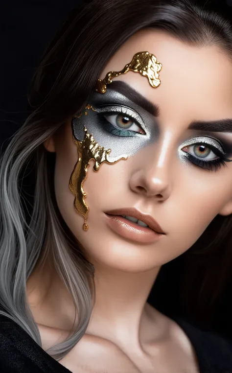 (RAW photography, Hassleblad camera), (fluid art makeup), woman eye iris closeup, sophisticated makeup, elegant colour palette, liquid gold and silver, gray tones, wide field, beautiful light, ultra high details