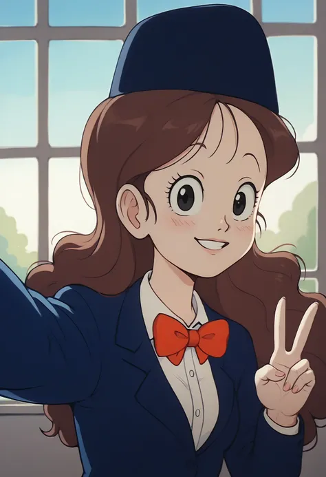 score_9, score_8_up, score_7_up, score_6_up, <lora:DBExtraGirl03FFA:0.9>, DBExtraGirl03FFA, brown hair, long hair, black eyes, breasts,
attendant hat, blue jacket, white collared shirt, red bowtie, skirt, suit,
pov, v sign, selfie,
BREAK indoors, window, b...