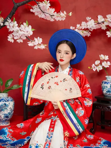 (Nhat Binh:1.5), 1girl, black hair, branch, cherry blossoms, floral background, floral print, flower, folding fan, blue hat, lipstick, red background, short hair, sitting, solo, vase, white flower((red traditional clothes)), (beautiful hands)<lora:Nhat Bin...