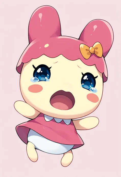 score_9, score_8_up, score_7_up, Chamametchi, 1girl, solo, blush, open mouth, blue eyes, hat, bow, tears, no humans, blush stickers