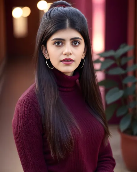 portrait photo of Sanjana Sanghi woman, solo, tightly tied hair hair cut, , looking at the camera, ethnic Maroon turtleneck sweater, , contrasting background bokeh,  skindentation,   <lora:Sanjana_Sanghi_SDXL_LoRA_prodigy_local_xformers_HNE-000015:1>