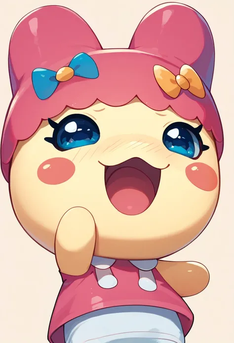 score_9, score_8_up, score_7_up, Chamametchi, 1girl, solo, blush, open mouth, blue eyes, hat, bow, , blush stickers, 