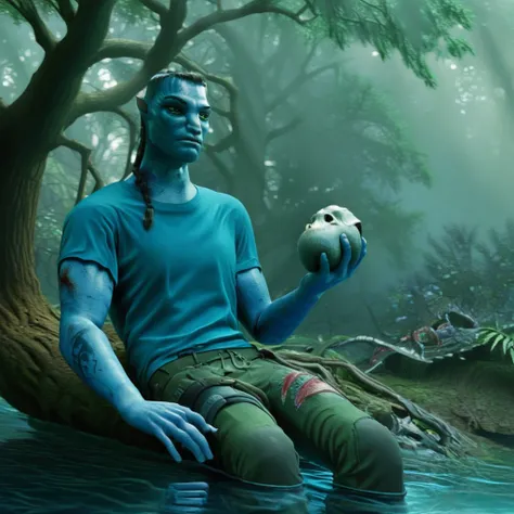 milesquaritch, tattoo, blue shirt, tree, water, jewelry, lying, braid, pants, solo, sitting, holding skull, mist, t-shirt, lips, 1boy, injury, hand on own hip