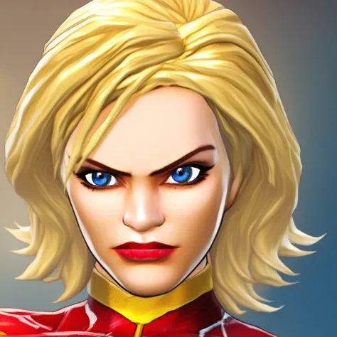 long blonde hair, blue eyes, golden star symbol on chest, , short blonde hair, Carol Danvers, red belt, red gloves, red lipstick