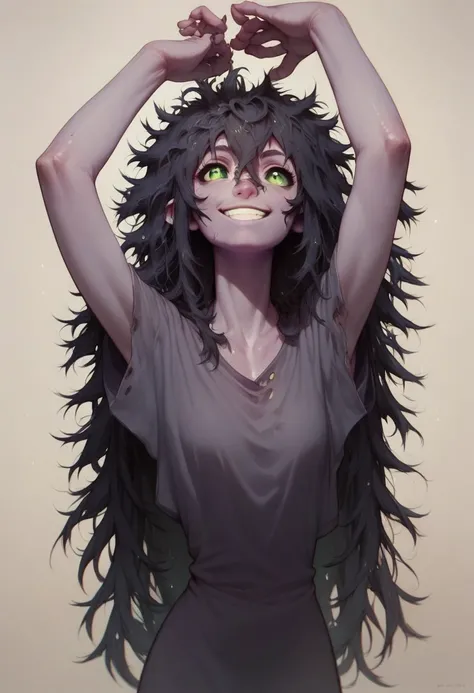 score_9, score_8_up, score_7_up, purple skin, long hair, messy hair, green eyes, smile, arms up