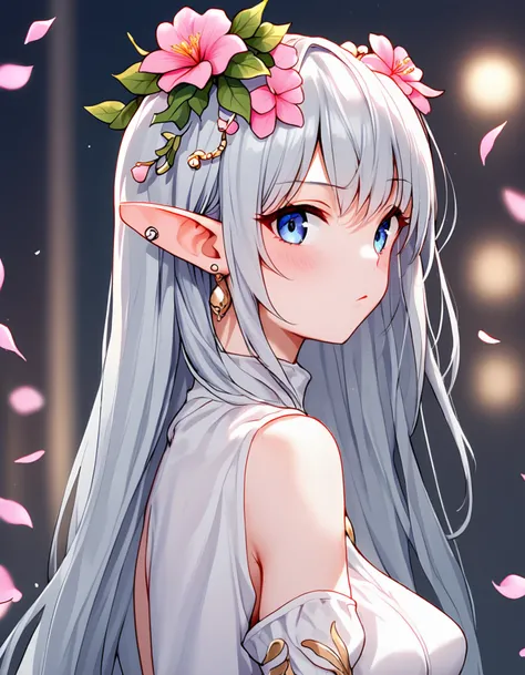 1girl, long hair, looking at viewer, blush, long sleeves, hair ornament, dress, hair between eyes, jewelry, bare shoulders, upper body, white hair, grey hair, flower, earrings, parted lips, detached sleeves, sleeveless, pointy ears, puffy sleeves, hair flo...